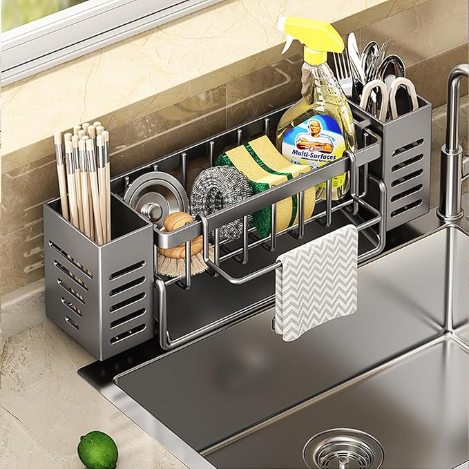 304 Stainless Steel Sponge Holder for Kitchen Sink, Kitchen Sink Organizer ,Sponges Soap Dispenserand Storage Essentials.