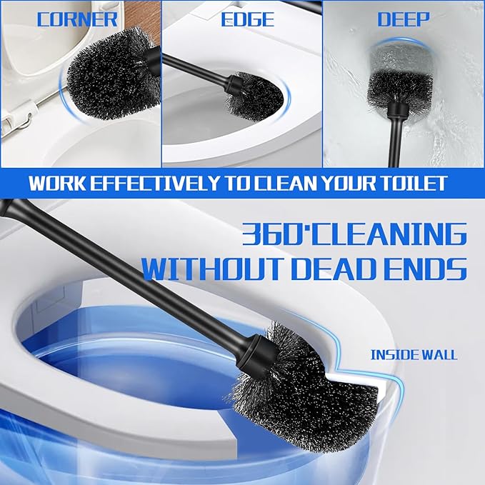 4 Pack Toilet Brush and Holder, Long Handle Toilet Bowl Brush, Deep Cleaning for Bathroom Toilets, Drip-Proof, Easy to Assemble, Black
