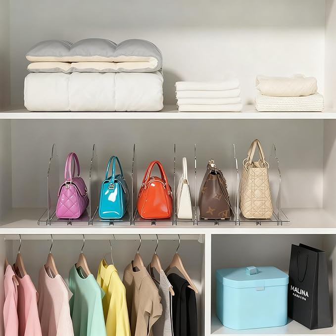 ANTOWIN 2 Pack Purse Organizers for Closet, Clear Adjustable Shelf Divider, Handbag Separators Storage Organizer, Shelf Divider in Bedroom, Office, Easy to Install and Clean