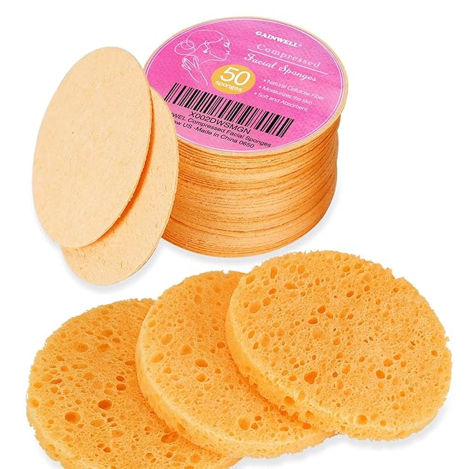 50-Count Compressed, GAINWELL Cellulose, 100% Natural Cosmetic Spa Sponge for Facial Cleansing, Exfoliating Mask, Makeup Removal
