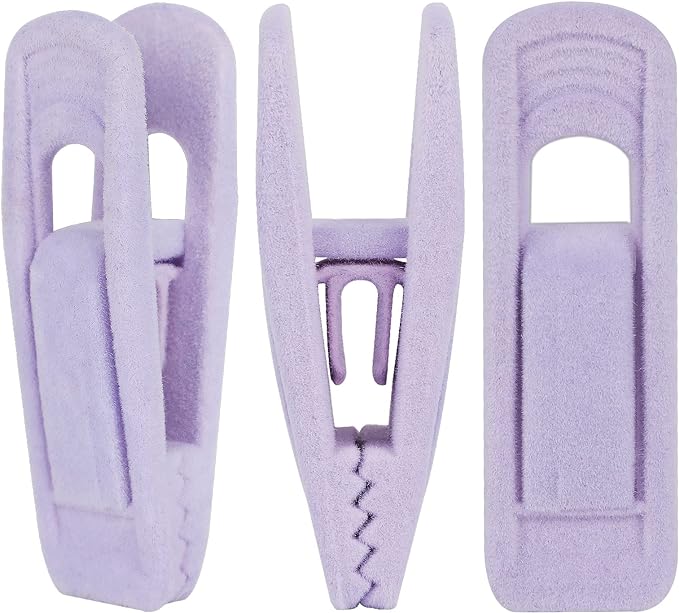 Tinfol Velvet Hanger Clips Light Purple, 24Pcs Pant Hangers Velvet Clips, Large Opening Clip Clothes Pin, Strong Finger Clip Perfect for Thin Skirt Pant Hangers