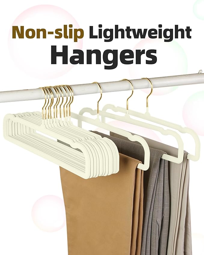 Velvet Pant Hangers, 20pcs Heavy Duty Felt Trouser Hangers for Women and Men, 35cm(L) Slim Adult Clothes Hanger with 360° Swivel Hook, Flocked Jean Hangers for Shorts, Dress (White-Golden)