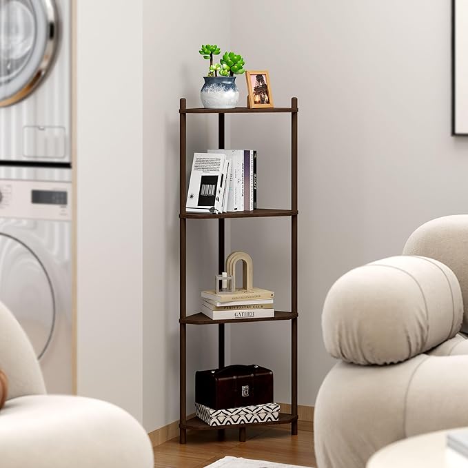 Corner Shelf Stand - 4 Tier Bamboo Small Corner Bookshelf for Office Kitchen Bedroom Plant Stand Living Room Decor Small Space (Brown, 4 Tier)