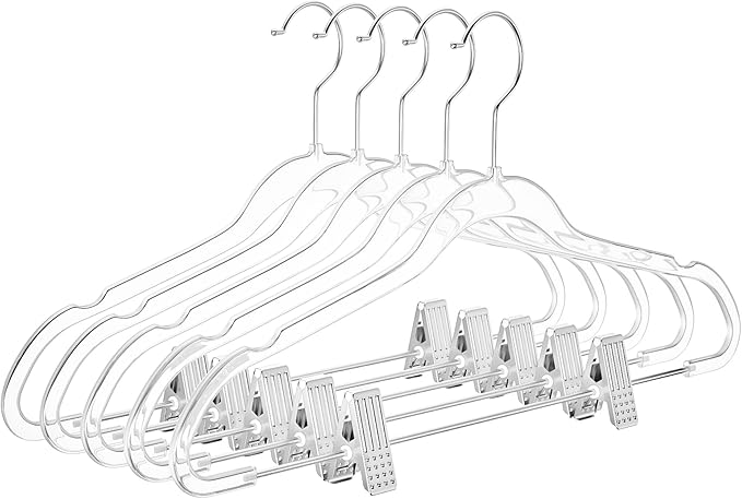 MIZGI Slim Clear Chrome Pants & Skirt Hangers (20 Pack) – Adjustable Clips & Hooks, Transparent Non-Felt, Space-Saving for Dresses, Shirts, Blouses