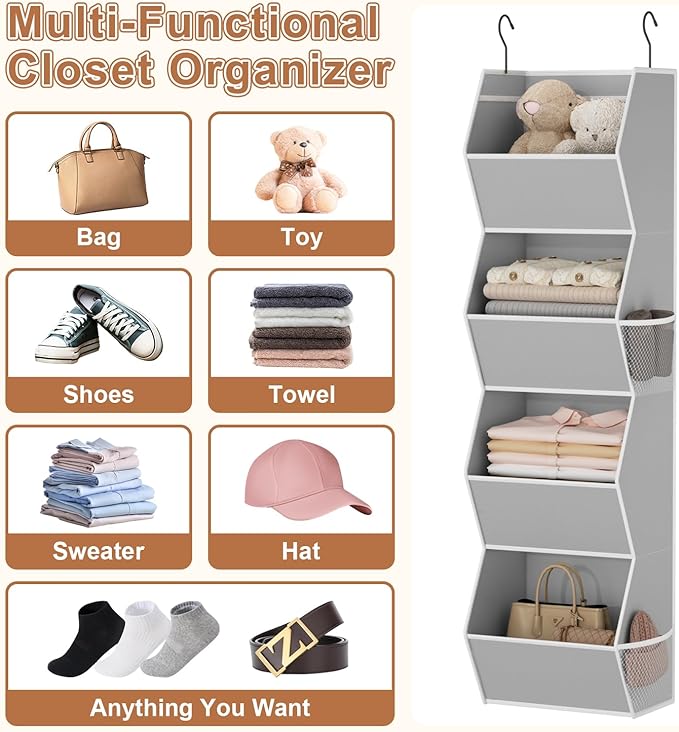 Hanging Closet Organizer 4 Shelf Collapsible Bedroom Closet Organizers and Storage Hanging with Mesh Pockets for Clothes, Fabric Hanging Storage Bins for Wardrobe Closet Organization and Storage, Grey