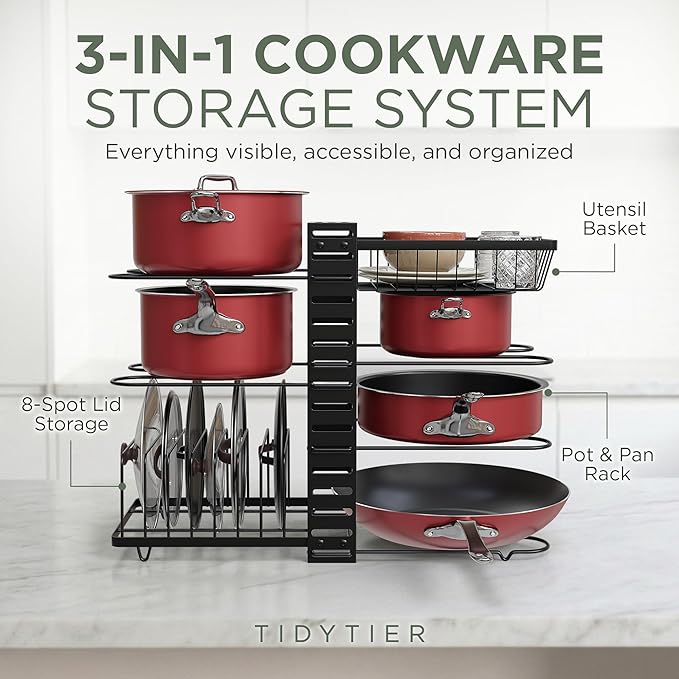 7-Tier Pots and Pans Organizer Under Cabinet - Cooking Pot Lid Organizer for Cabinet with Basket for Utensils, Lid Rack - Adjustable Vertical Holder Cookware Storage, Steel Pot Rack for Kitchen
