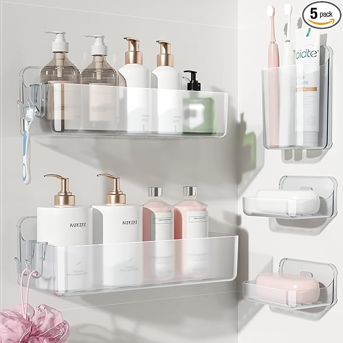 Nieifi Adhesive Wall Shelf, Shower Shelves 5 Pack with Soap Holder, Shower Organizer for Bathroom Organization, Clear