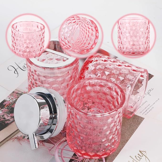 Bathroom Accessories Set, 3pcs Pink Glass Bathroom Accessory Set,Toothbrush Holder, Foaming Soap Dispenser and Tumbler, Silver Bathroom Decor Sets for Organizer, Home Apartment Gift