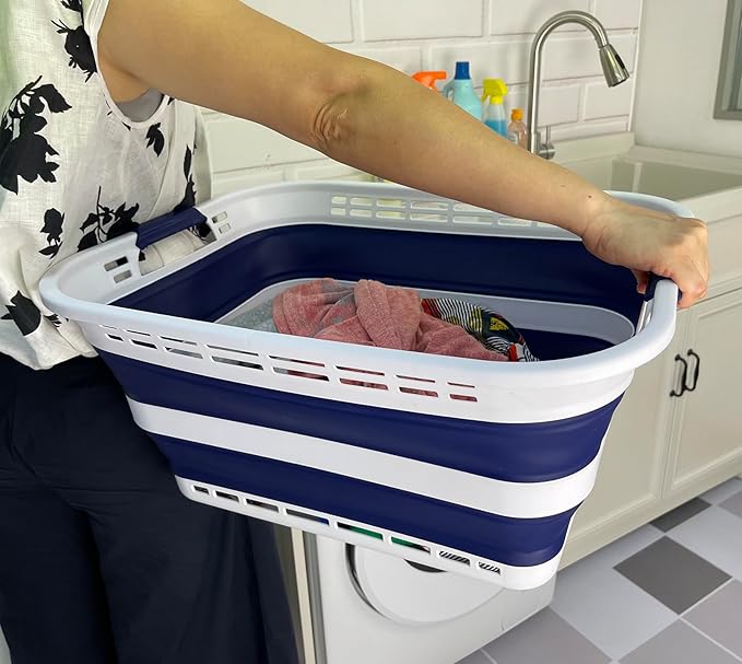 SAMMART 42L (11 Gallons) Collapsible Plastic Laundry Basket - Foldable Pop Up Storage Container/Organizer - Portable Washing Tub - Space Saving Hamper/Basket [BPA Free] (White/Starry Blue (Set of 2))