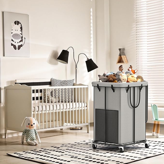 Large Laundry Hampers with Lid, Oxford Fabric Laundry Hampers, Metal Frame and Removable Bag Design with Wheels, Suitable for Bedroom, Bathroom, Dorm Room, Laundry Room (Grey with Lid)