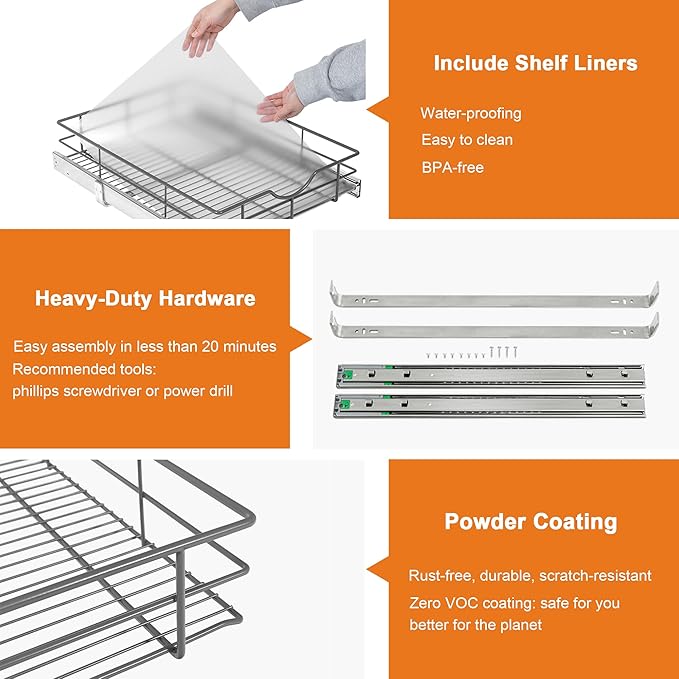 ALINE FURNITURE Pull Out Shelves - 14" W x 22" D Soft Close Pull Out Cabinet Organizer 1 Tier - Slide Out Drawers with Shelf Liner, Heavy Duty Steel Wire Baskets for Kitchen Cabinets, Pantry, Bathroom