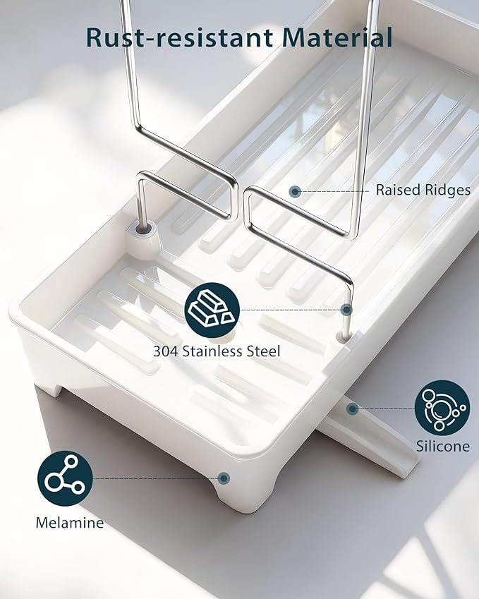 Minimalist Sink Caddy, Rustproof Sponge Holder for Kitchen Sink with 304 Stainless-Steel Brush Holder, Countertop Rack Organizer with Raised Ridges & Silicone Drain Tube (Cream White)