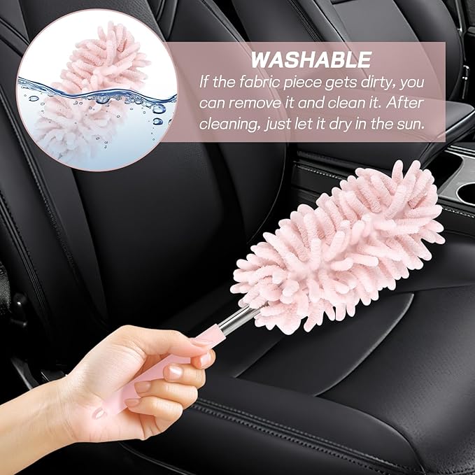 2PCS Car Interior Duster with Extension Pole, Soft Chenille Microfiber Duster for Cleaning, Scratch Free & Lint-Free, Washable Cleaning Brushes for Vehicle Details, Home, Office (Pink)
