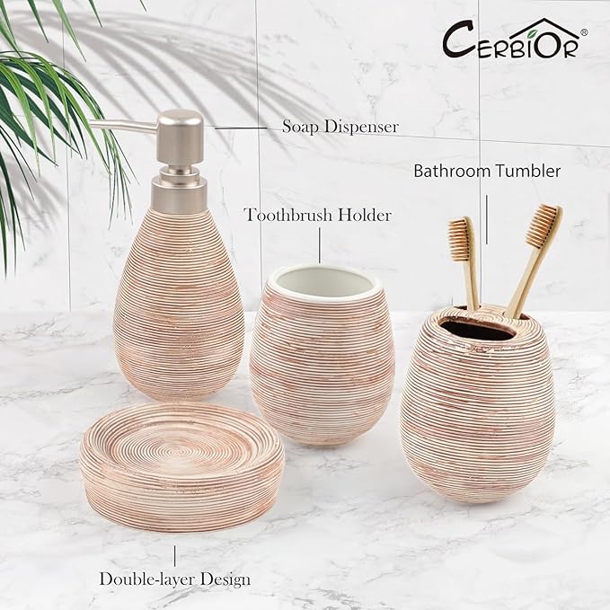 CERBIOR Bathroom Accessories Set,4 Pcs Ceramic Bathroom Decor Accessory,Includes Toothbrush Holder, Toothbrush Cup, Soap Dish for Decorative Countertop and Housewarming Gift(Brown 4pcs)