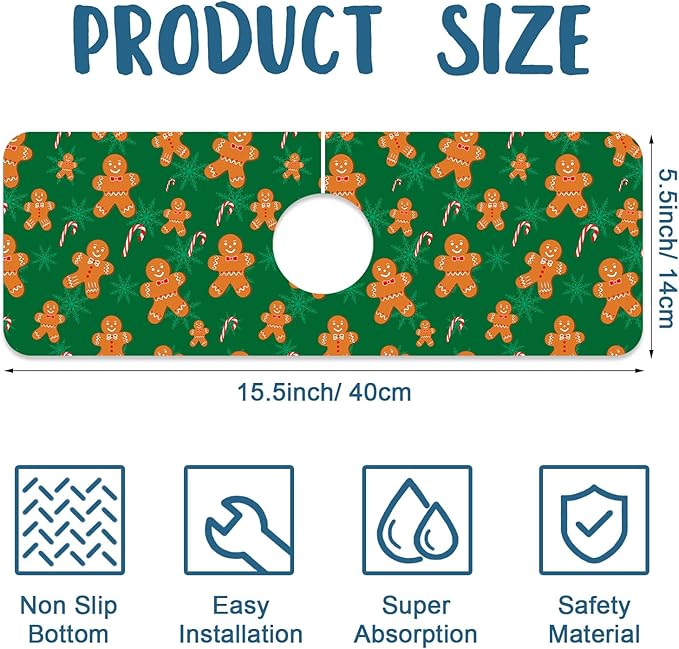 Christmas Gingerbread Man Sink Splash Guard Gingerbread Man Faucet Absorbing Mat Fast Drying Mat Sink Gadgets Splash Guard Behind Faucet Drip Catcher for Kitchen Bathroom, 15.5"x5.5"