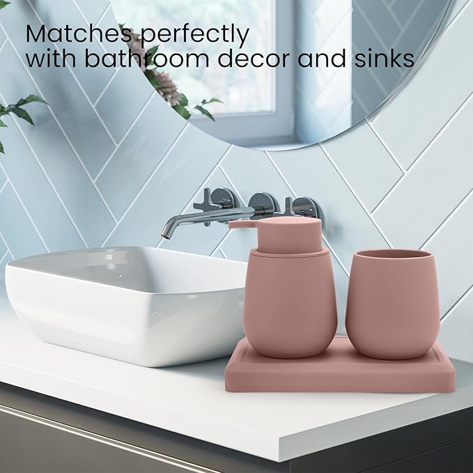 Bathroom Accessories Set, Modern 3 Pcs Bathroom Essentials - Soap Dispenser, Toothbrush Holder & Tray, Countertop Vanity Organizer (Pink)