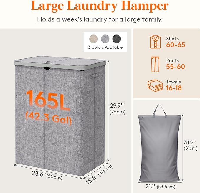 Lifewit 165L Large Laundry Basket with Lid, Laundry Hamper with Plastic Handles and Removable Bag, Foldable Tall Dirty Clothes Hampers for Laundry for Laundry Room, Bedroom, Bathroom, Dorm, Light Gray