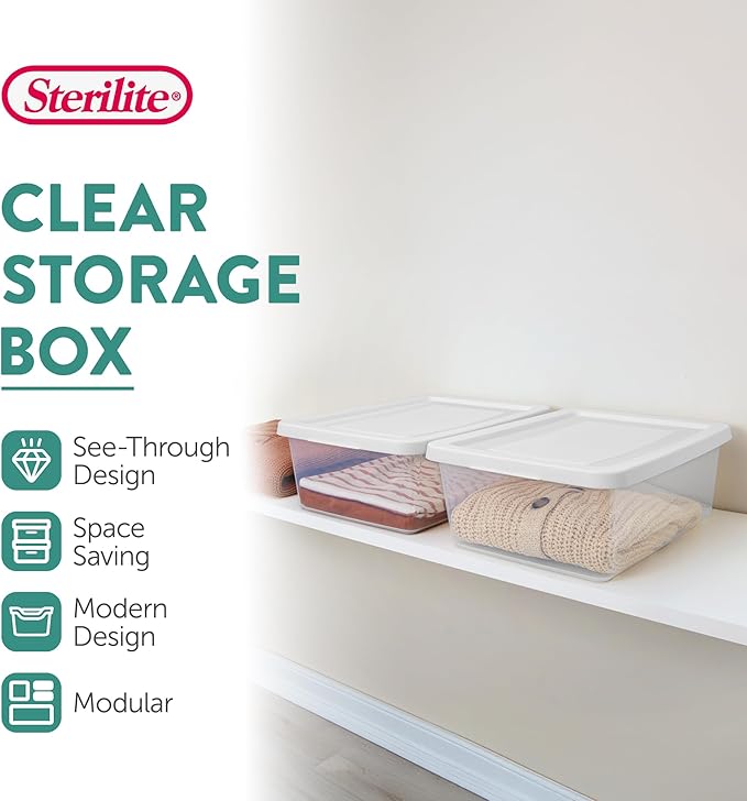 Sterilite 12 Pack Storage Box, 12 Quart Stackable Tote, Clear Plastic Container with Secure Snapping Lids for Home and Office Organization, White
