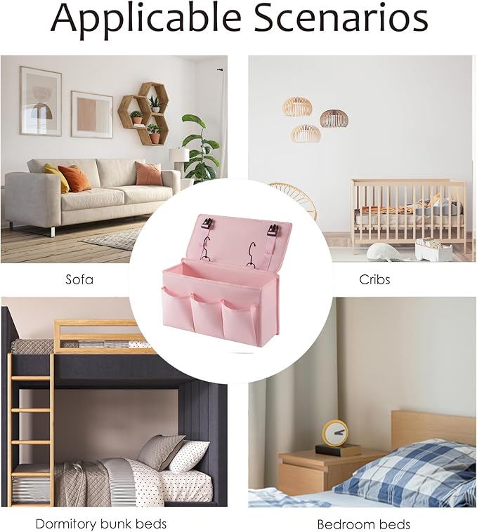 LASAMOLL Bedside Caddy Bedside Storage Organizer,Bed Caddy With Thickened Material Suitable for Homes, Dormitories, Hospitals, Cribs, RVs，Great for Magazines,Books,Remote, Phone (Pink)