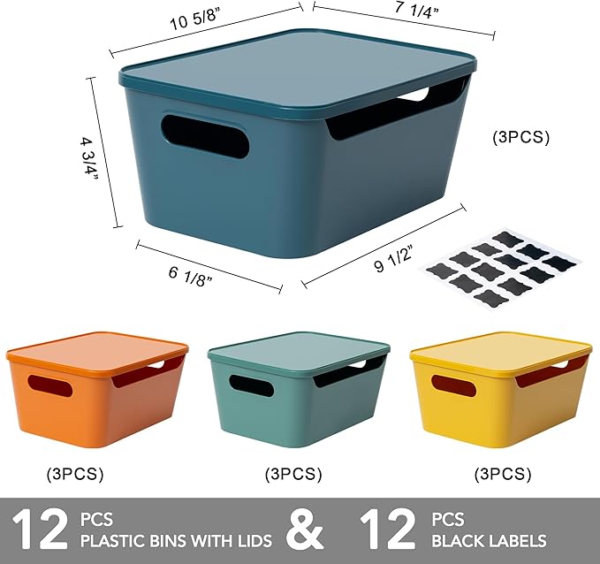 Tiawudi 12 Pack 4.5L Storage Bins with Lids, Plastic Storage Baskets for Home Classroom Organization, Multi-Use Organizer Bins for Cabinet, Pantry, Drawer, Countertop or Shelves, Colorful Containers