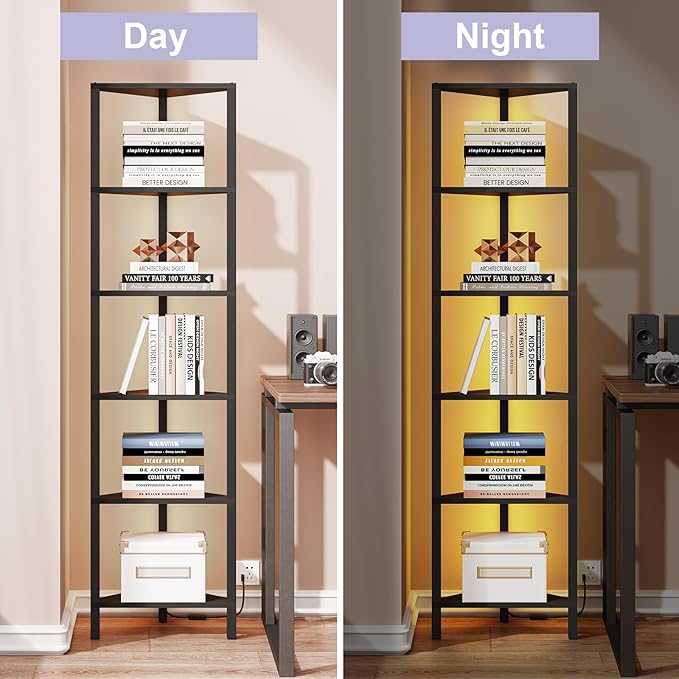 TUTOTAK Corner Shelf with LED Light, 6-Tier Corner Bookshelf for Small Space, Narrow Display Corner Shelf Stand with Storage Rack, for Living Room, Bedroom, Black BS05BK006L