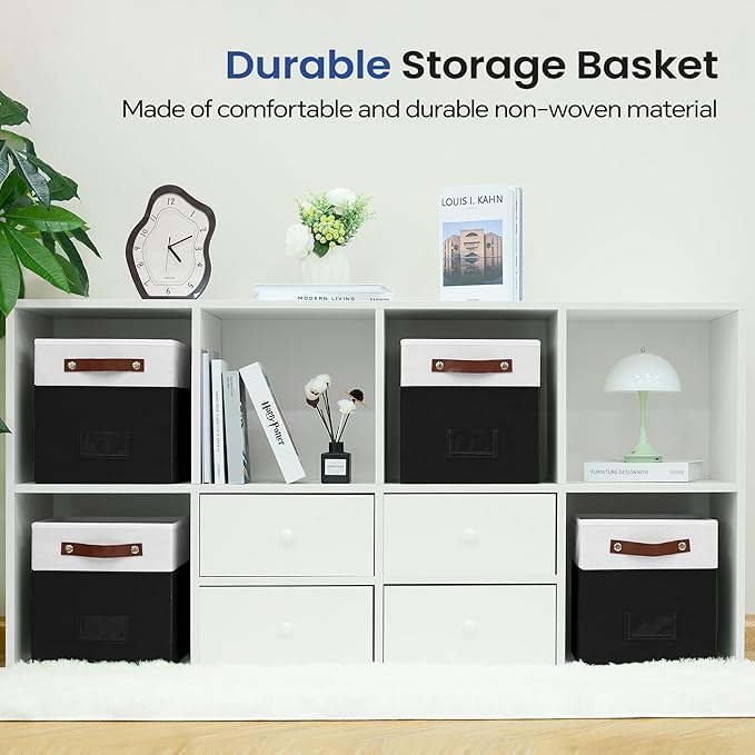 6-Pack Storage Cubes with Handles & Label Holders Basket, Closet Cube Home Organizer Bins(White/Black, 10.5 x 10.5 x 11 inch)