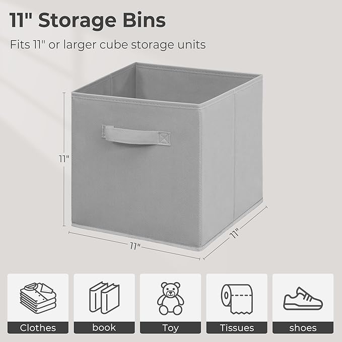 Easi 11 inch Cube Storage Bins, 4 Storage Cube Organizer, Collapsible Fabric storage cubes with Handles, Closet Storage Basket For Organization, Shelf Basket For Shelves Clothes Books, Gray