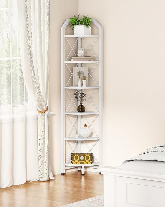 6-Tier Industrial Corner Shelf, 71.2" Corner Storage Stand, Plant Stand Display Shelf, Corner Bookcase for Bedroom, Living Room, Home Office, White TCJ11WB