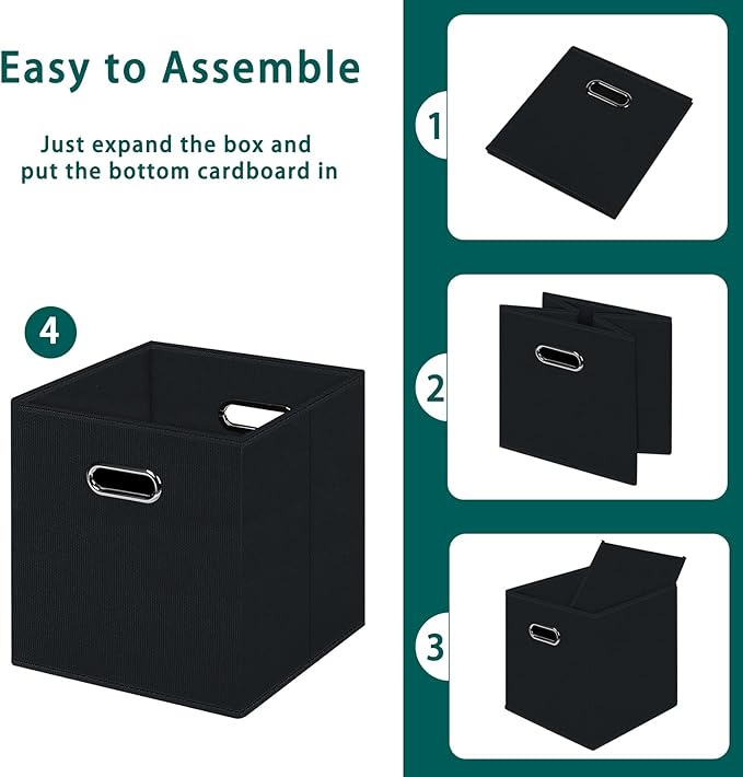 Black Foldable Storage Cubes Bins, Fabric Storage Box Cubes Organizer Baskets with Dual Handles for Home Organizer,Set of 3,(Black)