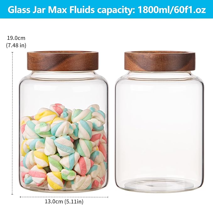 Patoper Large Glass Coffee Jars 60 oz /1800ml, Round Storage Canister with Wooden Lid Clear Glass Food Jar for Pantry Sugar Tea Coffee Bean Spice Nuts Cookies Bath Salts (1800ml/60oz-2PACK)