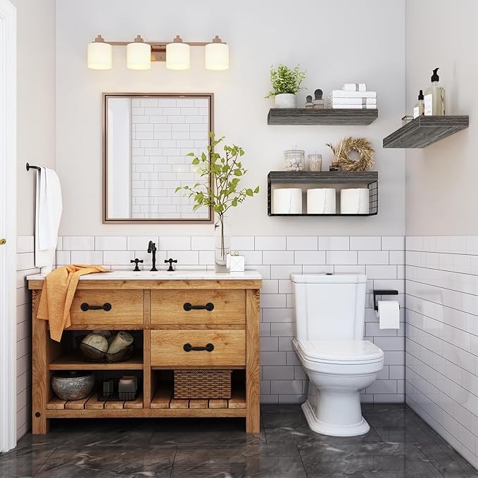 QEEIG Bathroom Shelves Over Toilet - Wall Mounted Floating Shelves Toilet Paper Storage Small Farmhouse Decor Shelf 16 inch Set of 3, Grey (019-GY3)