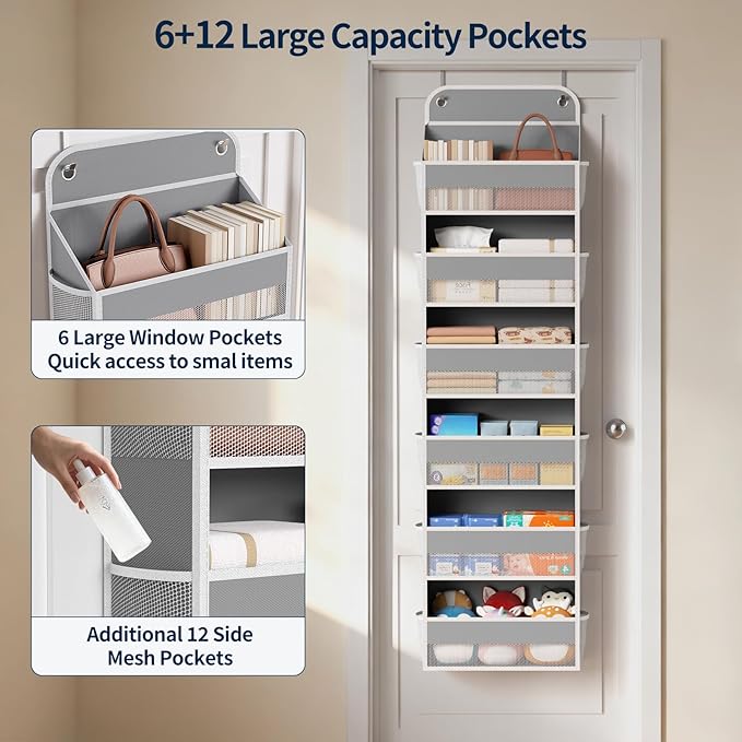 Yecaye 3 Pack Over The Door Organizer, 6-Tier Closet Door Hanging Organizer with 12 Mesh Pockets, Bathroom Organizers and Storage, Ultra Sturdy Large Capacity Over Door Storage Newborn Baby Essentials