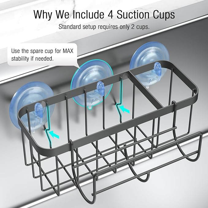3-in-1 Kitchen Sink Caddy Organizer with Sponge Holder, Brush Holder, Extra Rack for Scrubber, Sink Stopper, Dish Cloth Hanger - Strong Dual Suction Cup, 2.0mm SUS304 Stainless Steel - Grey