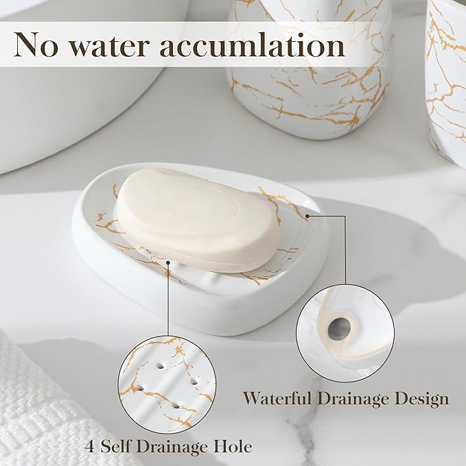 MALACASA Bathroom Accessories Sets 4 Pcs, Cream Soap Dispenser and Farmhouse Toothbrush Holder, Soap Dish with Storage Cup, Durable Ceramic Bathroom Decor for Morden Apartment, White Gold