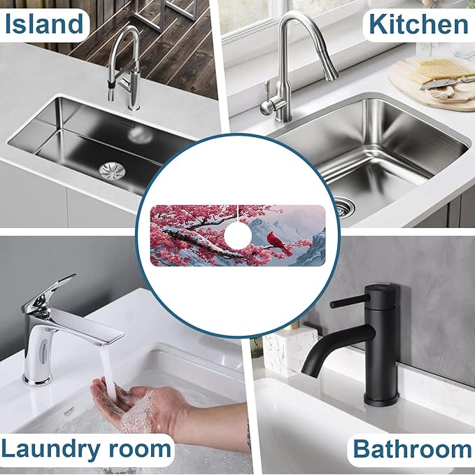 Christmas Welcome Winter Sink Faucet Absorbing Mat Cardinal Bird Super Absorbent Fast Drying Mat Sink Gadgets Behind Faucet Sinkmat for Kitchen Bathroom, 15.5"x5.5"