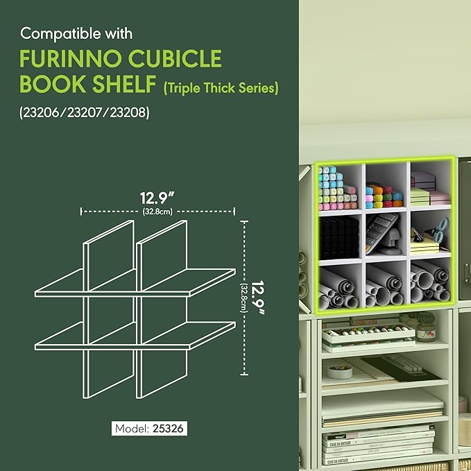 Furinno Cubicle Cube Insert, 9-Compartment Cube Organizer, Geometric Shelf Accessory, Fits into Furinno Triple Thick Cubes, IKEA Kallax, for Organizers and Storage, White