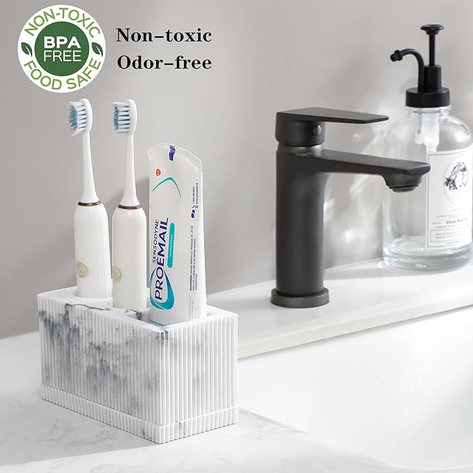 rejomiik Toothbrush Holders for Bathroom Countertop, 3 Slots Electric Tooth Brushing Storage Organizer Stand for Toiletries and Beauty Accessories, Toothpaste, Razor, Marble White