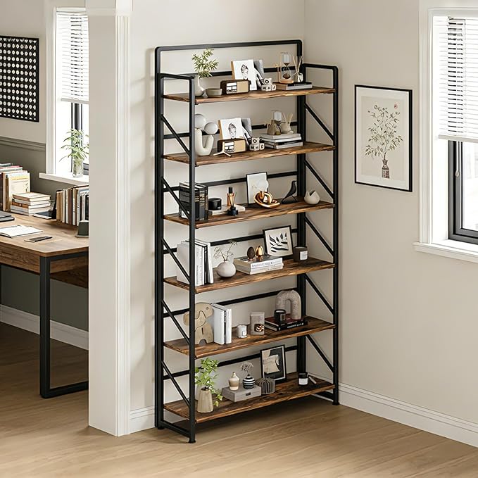 JSB Folding Bookshelf,Industrial Storage Shelves, No Assembly Vintage Wood Look Bookshelf with Storage Shelves for Living Room, Bedroom, Office (Fire Brown, Wide 6-Tier)