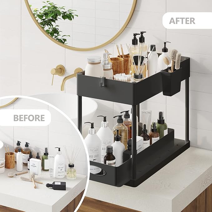 Under Sink Organizers and Storage, Bathroom Cabinet Organizer, Sink Shelf with Utility Hooks and Side Caddy for Under Cabinet Storage | Under Kitchen Sink Organizer with Sliding Drawer, Black (2-Pack)