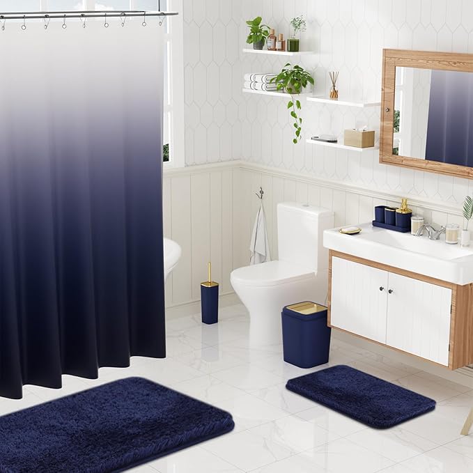 Bathroom Set - Navy Blue Bathroom Sets with Shower Curtain and Rugs, 24PCS Shower Curtain Set with Hooks, Soap Dispenser, Soap Dish, Toilet Brush Holder and Trash Can for Housewarming
