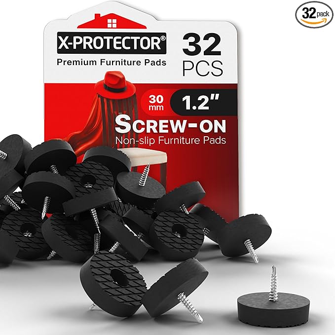 X-Protector Screw On Rubber Feet - 32 PCS 1.2" - Premium Non Slip Furniture Pads - Anti Skid Pads for Furniture Feet - Chair Leg Protectors - Furniture Grippers for All Surfaces - Protect Any Floors!