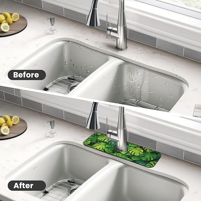 Faucet Draining Mat For Kitchen Sink, Palm Leaves Tropical Diatom Mud Absorbent Drain Pad For Bathroom Kitchen Sink Splash Guard Drying Mat