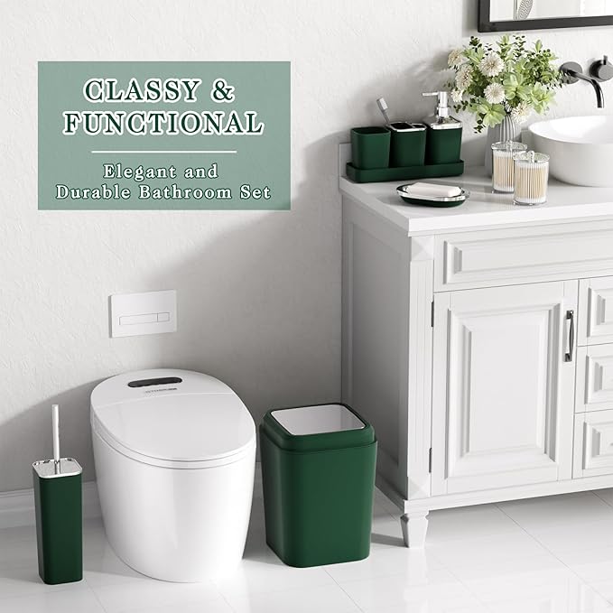 Dark Green Bathroom Accessories Set, Green Bathroom Set with Trash Can, Toothbrush Holder, Toothbrush Cup, Soap Dispenser, Soap Dish, Toilet Brush Holder, 2 Qtip Holder Dispensers and Tray
