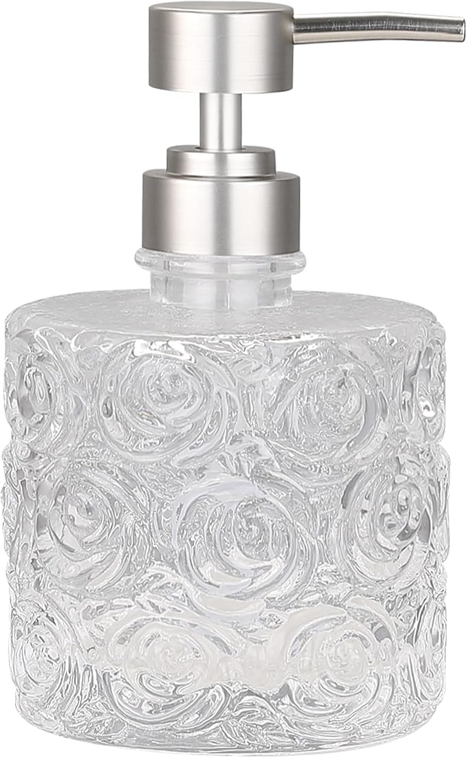 Marcella Glass Soap Dispenser with Soap Pump, Refillable 14 Ounce Capacity, Floral Design Rose Patterns, Heavy Weight Thick Glass for Bathroom, Premium Kitchen Soap Dispenser Clear