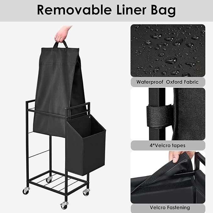 Laundry Hamper with Rustic Brown Lid & Wheels; 96L Large Rolling Laundry Basket with Removable Oxford Liner Bag; Tall Freestanding Dirty Clothes Hamper with Side Pocket; Metal Frame Laundry Cart