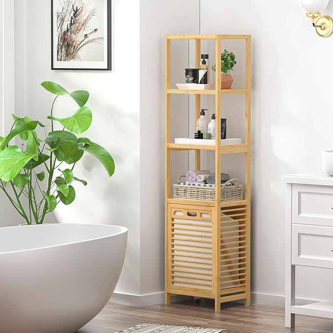 Bamboo Tilt Out Laundry Hamper, 4-Tier Tilt Out Hamper for Laundry with Shelf & Removable Clothes Basket - Can Convert to 2-Tier Pull-Out Laundry Hamper & 2 Tier Freestanding Shelf, Beige