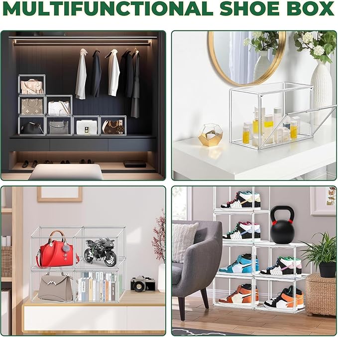 EDS FAM 6 Pack X-Large Acrylic Display Case, Size 14 Clear Shoe Box Stackable Sneaker Display Case with Magnetic Lid Multipurpose Storage Bin for Closet for Purses, Handbags, Cosmetics, Collectibles