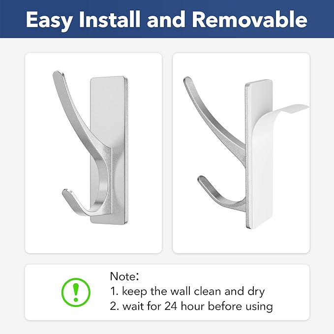 pickpiff Self Adhesive Coat Hooks for Hanging: Heavy Duty Stainless Wall Hook for Towel, Utensil, Backpack, Hat, Sturdy Metal Hanger for Bathroom, Kitchen, Door, 4-Pack, Silver, New