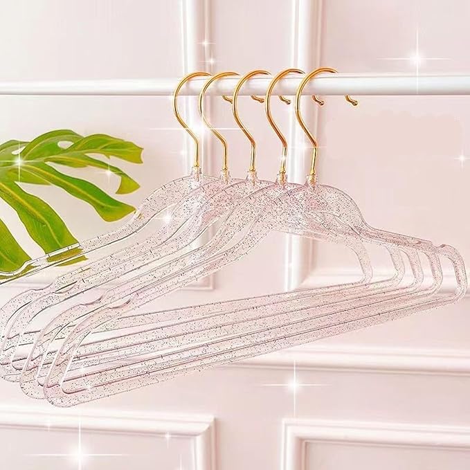 Pink Clothes Hangers 16", 40 Pack Plastic Clear Coat Hanger for Adult Closet, Durable Bling Ganchos de Ropa with Swivel Hook, Notched Shoulders & Ultra-Thin Space Saving Laundry Hanger for Dress Suits