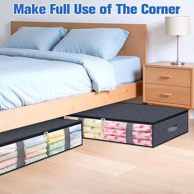 Under Bed Storage Containers, 2 Pack Blanket Storage Bags, Collapsible Storage Bags with Big Zippers, Clear Front, Shoe Storage and Organization for Clothes, Comforter, 75L, Grey